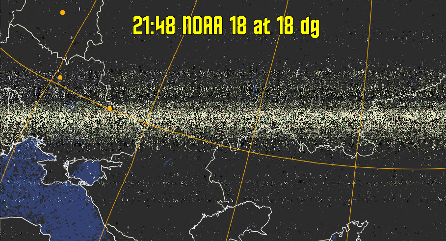 HVCT:
Similar to HVC, but with blue water and with colours more indicative of
land temperatures.
HVC:
Creates a false colour image from NOAA APT images based on temperature using
the HVC colour model. Uses the temperature derived from the sensor 4 image to
select the hue and the brightness from the histogram equalised other image to
select the value and chroma. The HVC colour model attempts to ensure that different colours at the same value will appear to the eye to be the same brightness
and the spacing between colours representing each degree will appear to the eye to
be similar. Bright areas are completely unsaturated in this model.