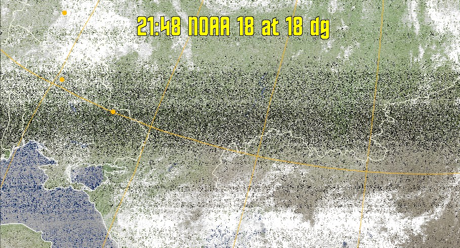 MCIR-precip: 
Colours the NOAA sensor 4 IR image using a map to colour the sea blue and land
green. High clouds appear white, lower clouds gray or land/sea coloured, clouds
generally appear lighter, but distinguishing between land/sea and low cloud may
be difficult. Darker colours indicate warmer regions.