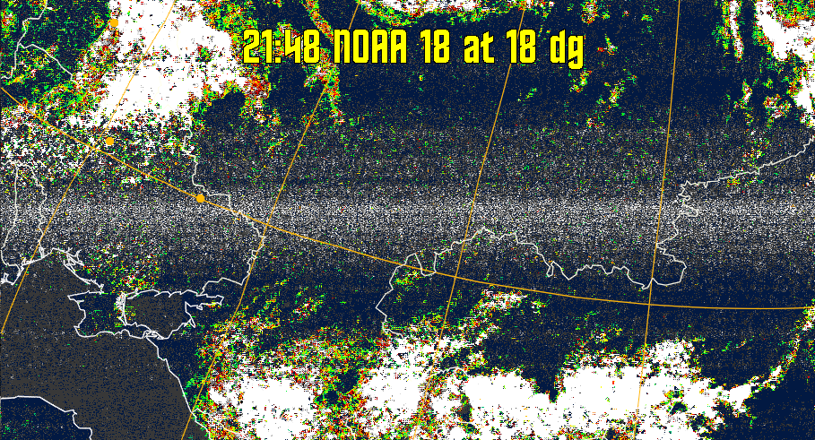 MSA-precip:
Same as MSA multispectral analysis, but high cold cloud tops are coloured the
same as the NO enhancement to give an approximate indication of the probability
and intensity of precipitation.