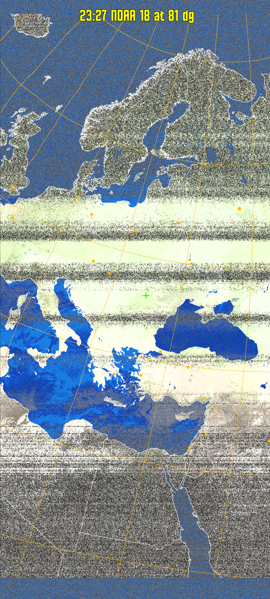 MCIR-precip: 
Colours the NOAA sensor 4 IR image using a map to colour the sea blue and land
green. High clouds appear white, lower clouds gray or land/sea coloured, clouds
generally appear lighter, but distinguishing between land/sea and low cloud may
be difficult. Darker colours indicate warmer regions.