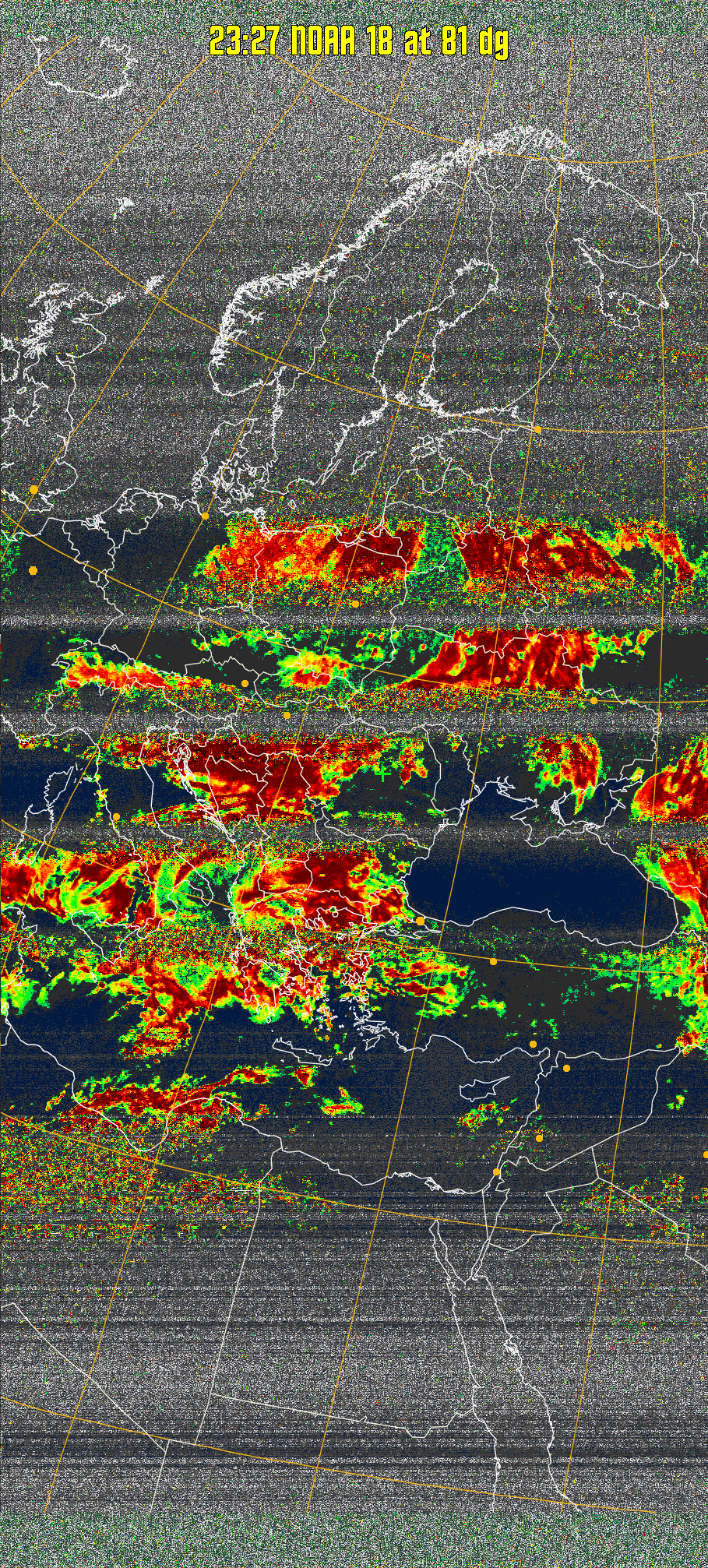 MSA-precip:
Same as MSA multispectral analysis, but high cold cloud tops are coloured the
same as the NO enhancement to give an approximate indication of the probability
and intensity of precipitation.