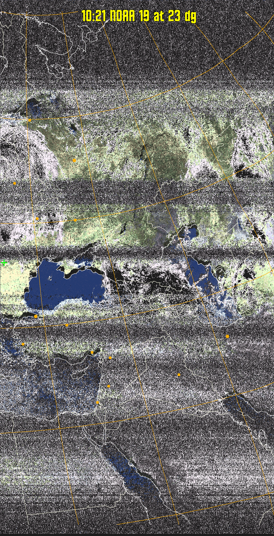 HVCT:
Similar to HVC, but with blue water and with colours more indicative of
land temperatures.
HVC:
Creates a false colour image from NOAA APT images based on temperature using
the HVC colour model. Uses the temperature derived from the sensor 4 image to
select the hue and the brightness from the histogram equalised other image to
select the value and chroma. The HVC colour model attempts to ensure that different colours at the same value will appear to the eye to be the same brightness
and the spacing between colours representing each degree will appear to the eye to
be similar. Bright areas are completely unsaturated in this model.