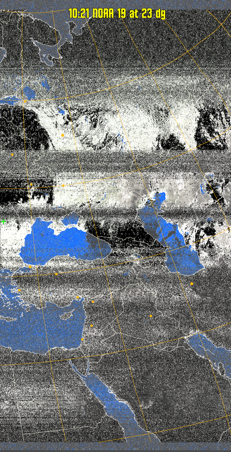 MCIR-precip: 
Colours the NOAA sensor 4 IR image using a map to colour the sea blue and land
green. High clouds appear white, lower clouds gray or land/sea coloured, clouds
generally appear lighter, but distinguishing between land/sea and low cloud may
be difficult. Darker colours indicate warmer regions.