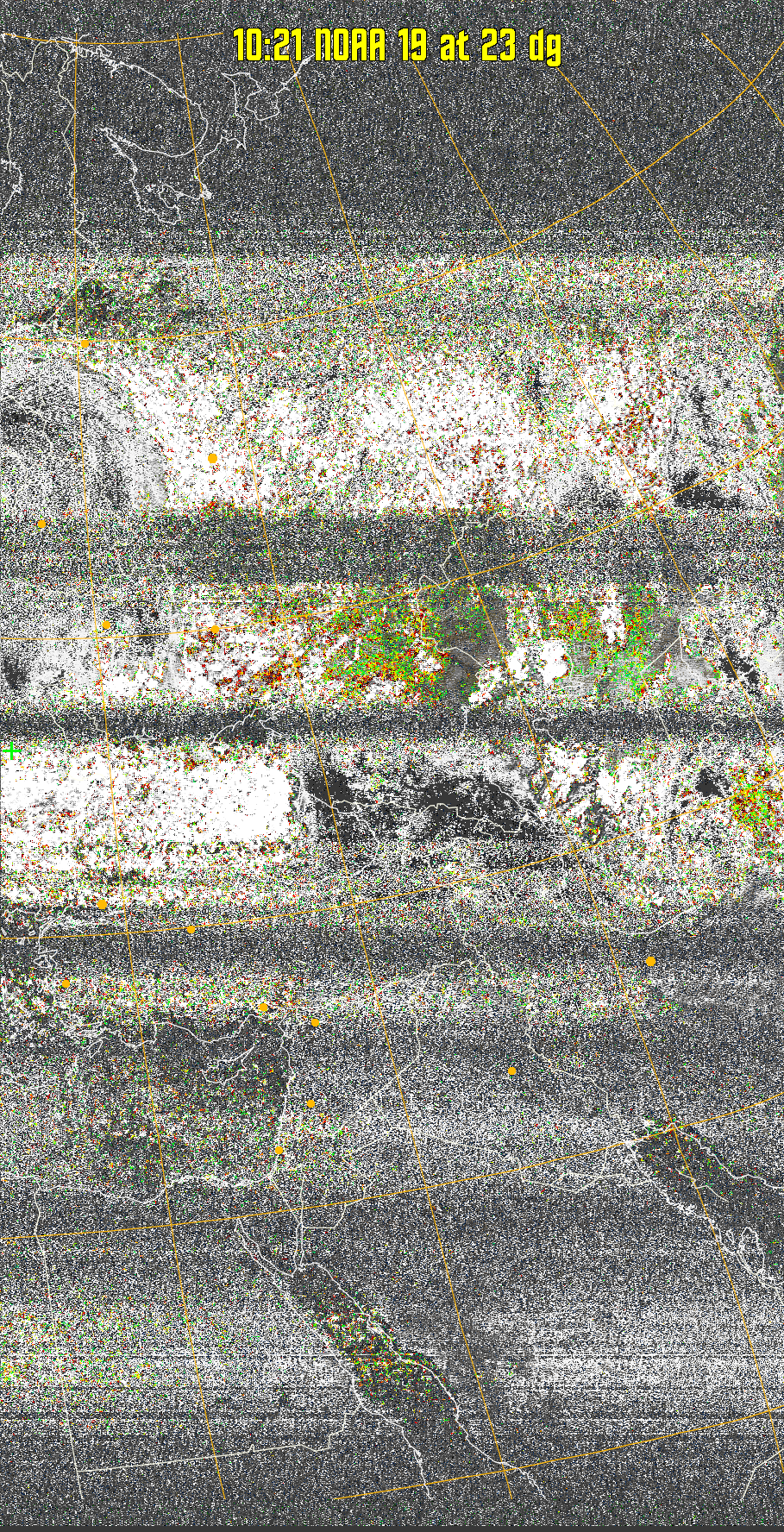 MSA-precip:
Same as MSA multispectral analysis, but high cold cloud tops are coloured the
same as the NO enhancement to give an approximate indication of the probability
and intensity of precipitation.