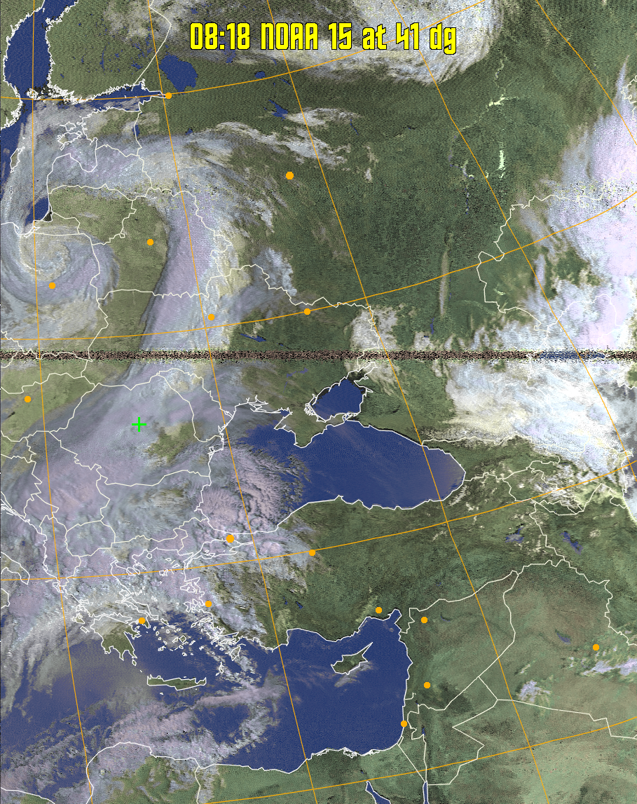 HVCT:
Similar to HVC, but with blue water and with colours more indicative of
land temperatures.
HVC:
Creates a false colour image from NOAA APT images based on temperature using
the HVC colour model. Uses the temperature derived from the sensor 4 image to
select the hue and the brightness from the histogram equalised other image to
select the value and chroma. The HVC colour model attempts to ensure that different colours at the same value will appear to the eye to be the same brightness
and the spacing between colours representing each degree will appear to the eye to
be similar. Bright areas are completely unsaturated in this model.