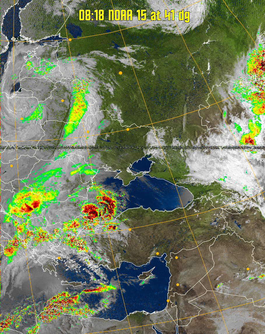 MSA-precip:
Same as MSA multispectral analysis, but high cold cloud tops are coloured the
same as the NO enhancement to give an approximate indication of the probability
and intensity of precipitation.