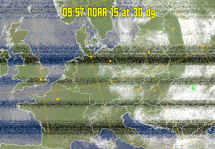 MCIR-precip: 
Colours the NOAA sensor 4 IR image using a map to colour the sea blue and land
green. High clouds appear white, lower clouds gray or land/sea coloured, clouds
generally appear lighter, but distinguishing between land/sea and low cloud may
be difficult. Darker colours indicate warmer regions.