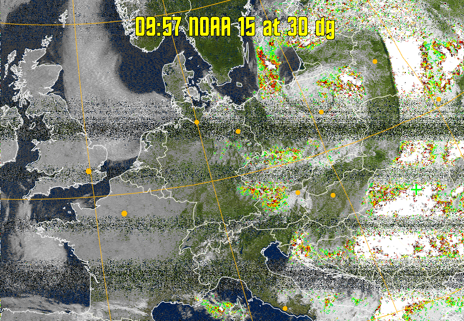 MSA-precip:
Same as MSA multispectral analysis, but high cold cloud tops are coloured the
same as the NO enhancement to give an approximate indication of the probability
and intensity of precipitation.