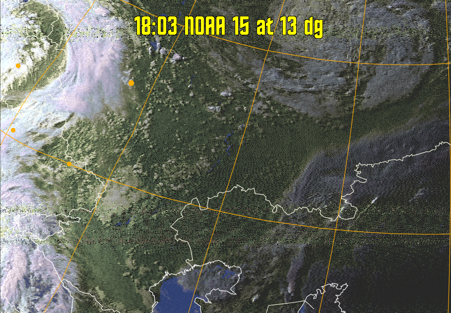 HVCT:
Similar to HVC, but with blue water and with colours more indicative of
land temperatures.
HVC:
Creates a false colour image from NOAA APT images based on temperature using
the HVC colour model. Uses the temperature derived from the sensor 4 image to
select the hue and the brightness from the histogram equalised other image to
select the value and chroma. The HVC colour model attempts to ensure that different colours at the same value will appear to the eye to be the same brightness
and the spacing between colours representing each degree will appear to the eye to
be similar. Bright areas are completely unsaturated in this model.