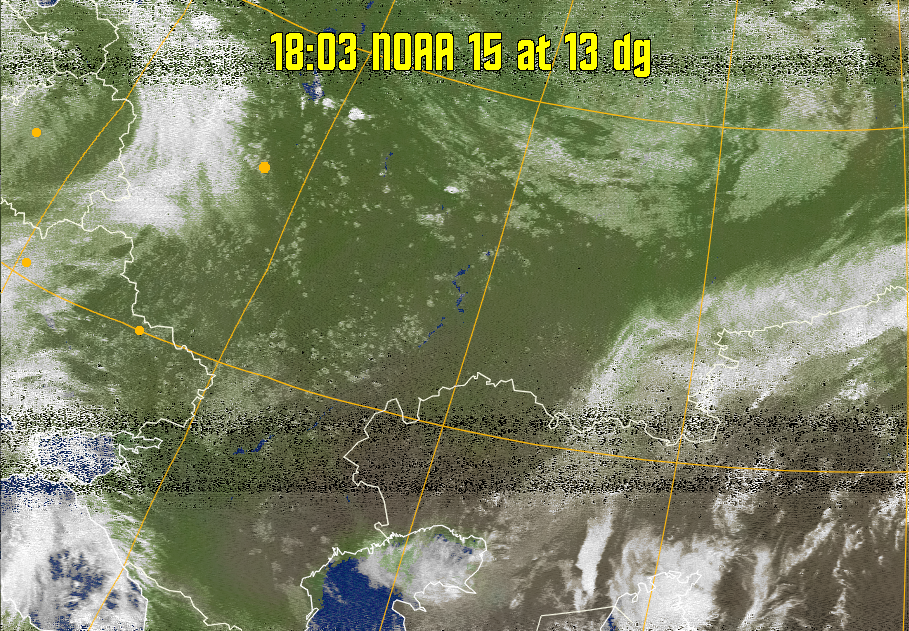 MCIR-precip: 
Colours the NOAA sensor 4 IR image using a map to colour the sea blue and land
green. High clouds appear white, lower clouds gray or land/sea coloured, clouds
generally appear lighter, but distinguishing between land/sea and low cloud may
be difficult. Darker colours indicate warmer regions.