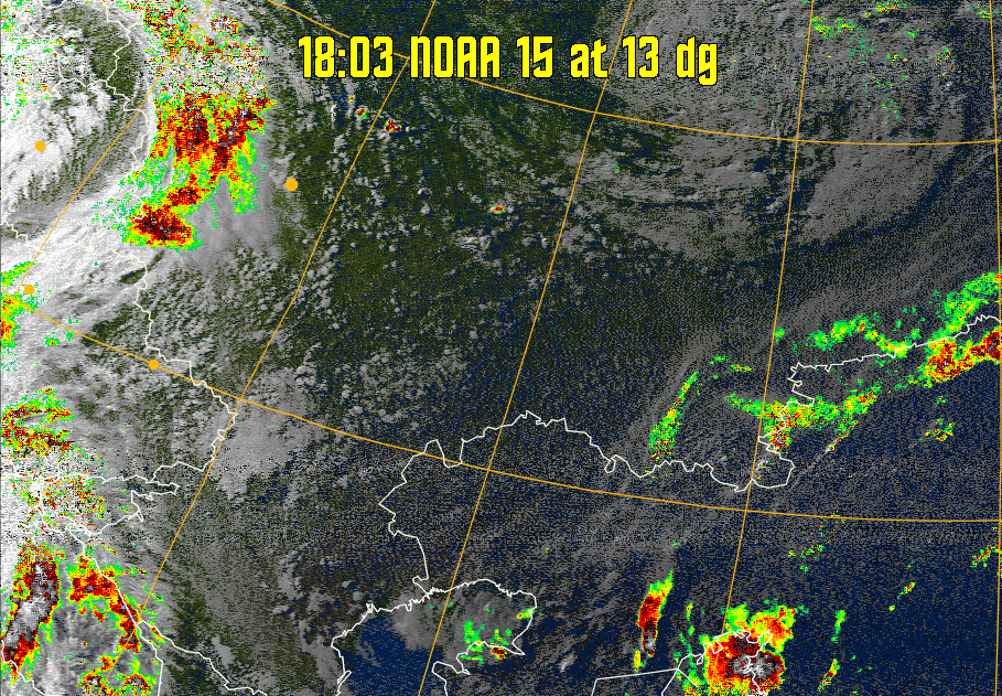 MSA-precip:
Same as MSA multispectral analysis, but high cold cloud tops are coloured the
same as the NO enhancement to give an approximate indication of the probability
and intensity of precipitation.