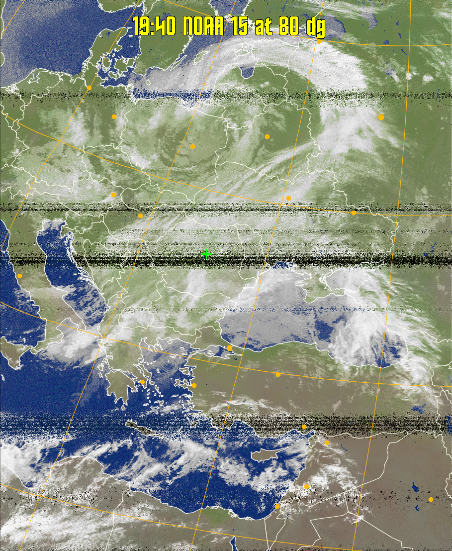 MCIR-precip: 
Colours the NOAA sensor 4 IR image using a map to colour the sea blue and land
green. High clouds appear white, lower clouds gray or land/sea coloured, clouds
generally appear lighter, but distinguishing between land/sea and low cloud may
be difficult. Darker colours indicate warmer regions.