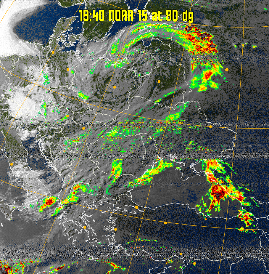 MSA-precip:
Same as MSA multispectral analysis, but high cold cloud tops are coloured the
same as the NO enhancement to give an approximate indication of the probability
and intensity of precipitation.