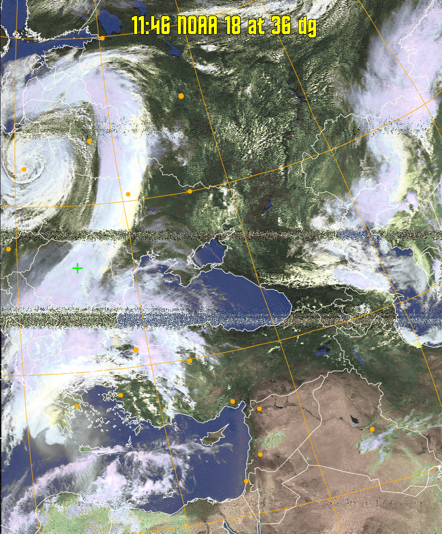 HVCT:
Similar to HVC, but with blue water and with colours more indicative of
land temperatures.
HVC:
Creates a false colour image from NOAA APT images based on temperature using
the HVC colour model. Uses the temperature derived from the sensor 4 image to
select the hue and the brightness from the histogram equalised other image to
select the value and chroma. The HVC colour model attempts to ensure that different colours at the same value will appear to the eye to be the same brightness
and the spacing between colours representing each degree will appear to the eye to
be similar. Bright areas are completely unsaturated in this model.