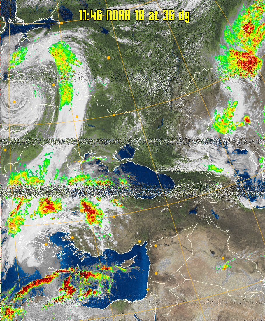 MSA-precip:
Same as MSA multispectral analysis, but high cold cloud tops are coloured the
same as the NO enhancement to give an approximate indication of the probability
and intensity of precipitation.
