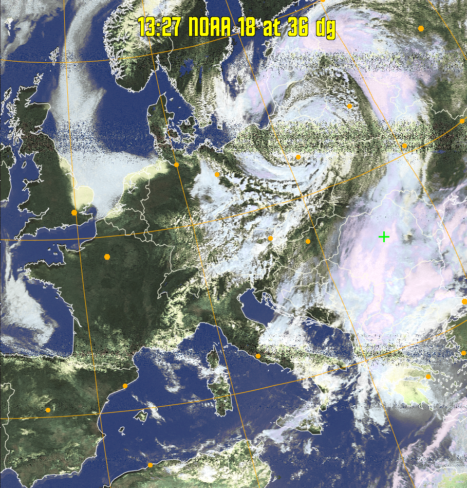HVCT:
Similar to HVC, but with blue water and with colours more indicative of
land temperatures.
HVC:
Creates a false colour image from NOAA APT images based on temperature using
the HVC colour model. Uses the temperature derived from the sensor 4 image to
select the hue and the brightness from the histogram equalised other image to
select the value and chroma. The HVC colour model attempts to ensure that different colours at the same value will appear to the eye to be the same brightness
and the spacing between colours representing each degree will appear to the eye to
be similar. Bright areas are completely unsaturated in this model.