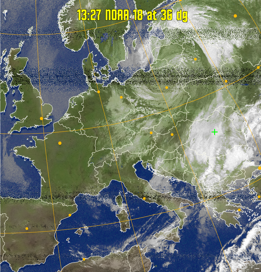 MCIR-precip: 
Colours the NOAA sensor 4 IR image using a map to colour the sea blue and land
green. High clouds appear white, lower clouds gray or land/sea coloured, clouds
generally appear lighter, but distinguishing between land/sea and low cloud may
be difficult. Darker colours indicate warmer regions.