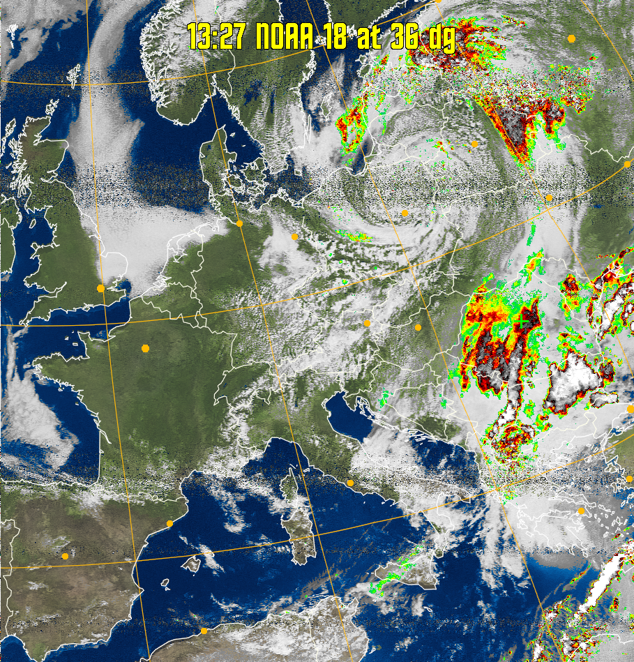 MSA-precip:
Same as MSA multispectral analysis, but high cold cloud tops are coloured the
same as the NO enhancement to give an approximate indication of the probability
and intensity of precipitation.