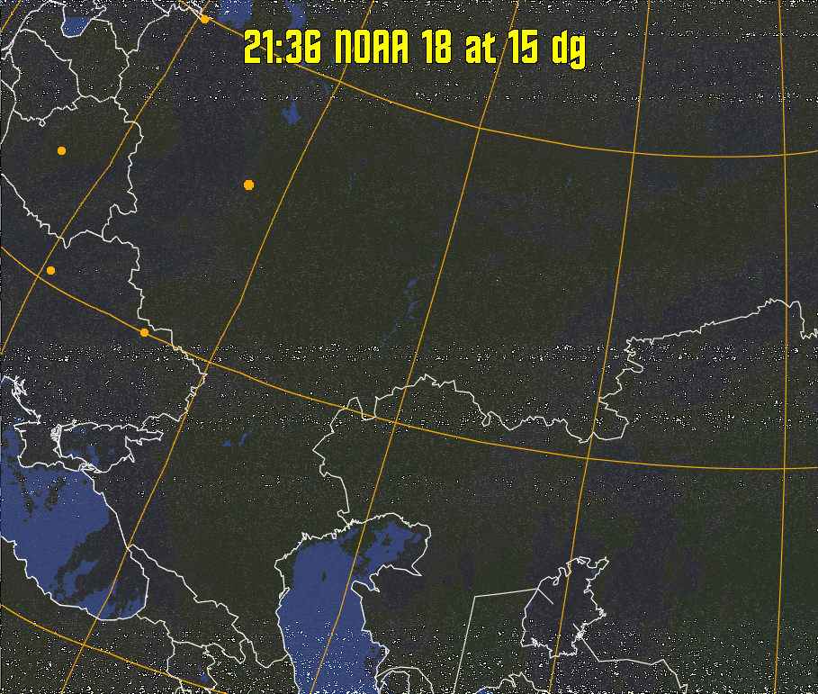 HVCT:
Similar to HVC, but with blue water and with colours more indicative of
land temperatures.
HVC:
Creates a false colour image from NOAA APT images based on temperature using
the HVC colour model. Uses the temperature derived from the sensor 4 image to
select the hue and the brightness from the histogram equalised other image to
select the value and chroma. The HVC colour model attempts to ensure that different colours at the same value will appear to the eye to be the same brightness
and the spacing between colours representing each degree will appear to the eye to
be similar. Bright areas are completely unsaturated in this model.
