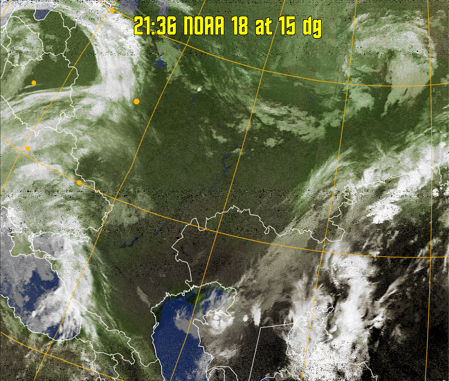 MCIR-precip: 
Colours the NOAA sensor 4 IR image using a map to colour the sea blue and land
green. High clouds appear white, lower clouds gray or land/sea coloured, clouds
generally appear lighter, but distinguishing between land/sea and low cloud may
be difficult. Darker colours indicate warmer regions.