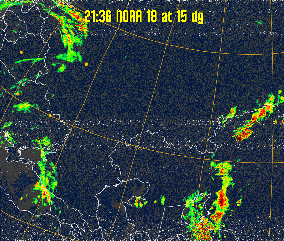 MSA-precip:
Same as MSA multispectral analysis, but high cold cloud tops are coloured the
same as the NO enhancement to give an approximate indication of the probability
and intensity of precipitation.