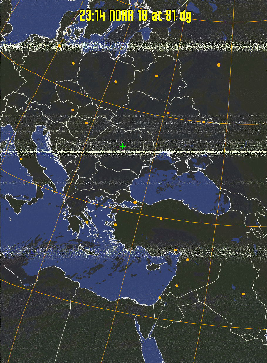 HVCT:
Similar to HVC, but with blue water and with colours more indicative of
land temperatures.
HVC:
Creates a false colour image from NOAA APT images based on temperature using
the HVC colour model. Uses the temperature derived from the sensor 4 image to
select the hue and the brightness from the histogram equalised other image to
select the value and chroma. The HVC colour model attempts to ensure that different colours at the same value will appear to the eye to be the same brightness
and the spacing between colours representing each degree will appear to the eye to
be similar. Bright areas are completely unsaturated in this model.