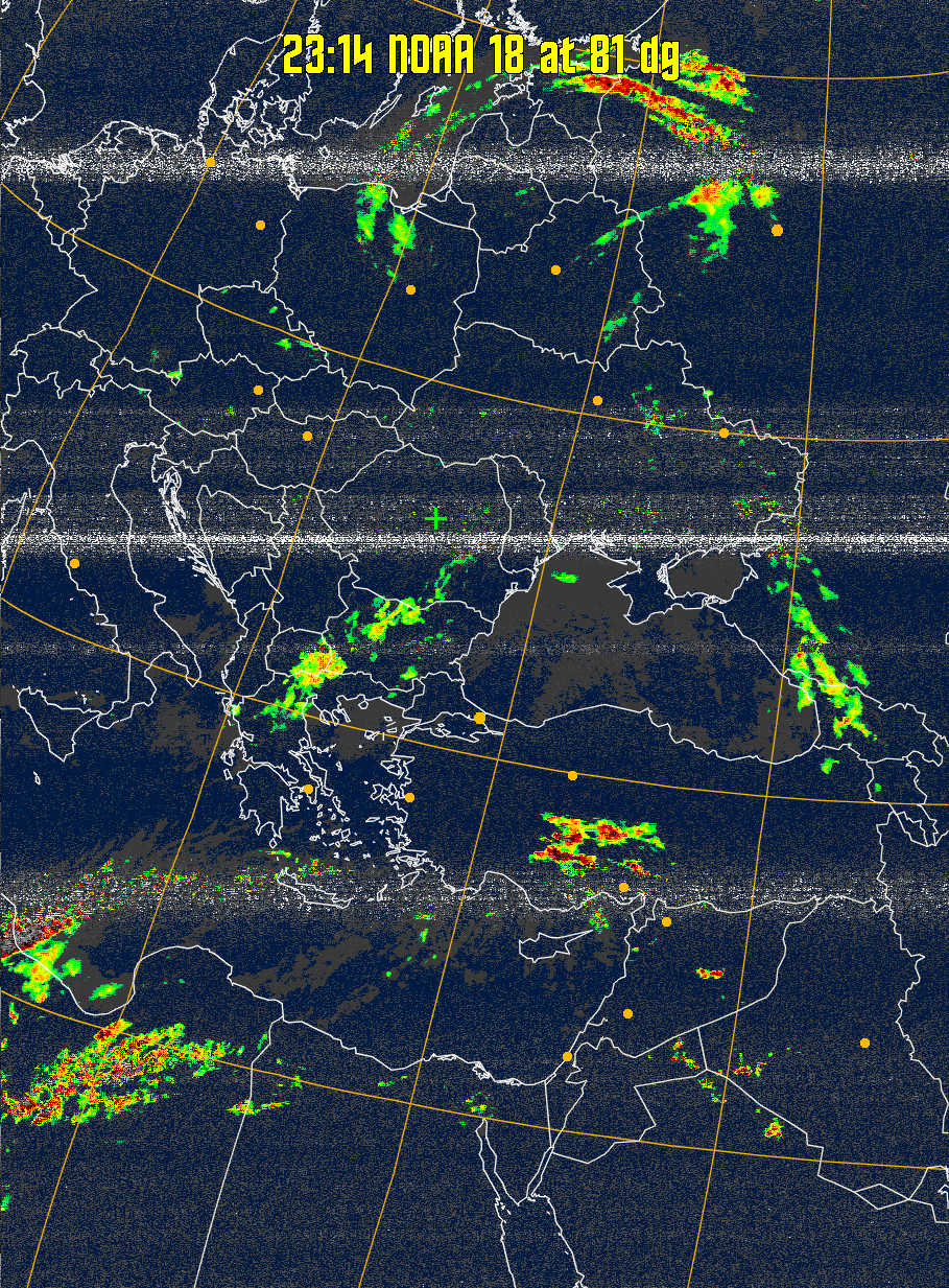 MSA-precip:
Same as MSA multispectral analysis, but high cold cloud tops are coloured the
same as the NO enhancement to give an approximate indication of the probability
and intensity of precipitation.