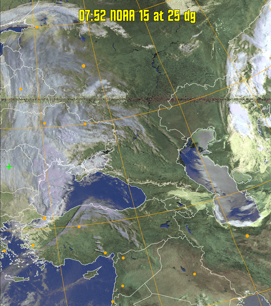 HVCT:
Similar to HVC, but with blue water and with colours more indicative of
land temperatures.
HVC:
Creates a false colour image from NOAA APT images based on temperature using
the HVC colour model. Uses the temperature derived from the sensor 4 image to
select the hue and the brightness from the histogram equalised other image to
select the value and chroma. The HVC colour model attempts to ensure that different colours at the same value will appear to the eye to be the same brightness
and the spacing between colours representing each degree will appear to the eye to
be similar. Bright areas are completely unsaturated in this model.