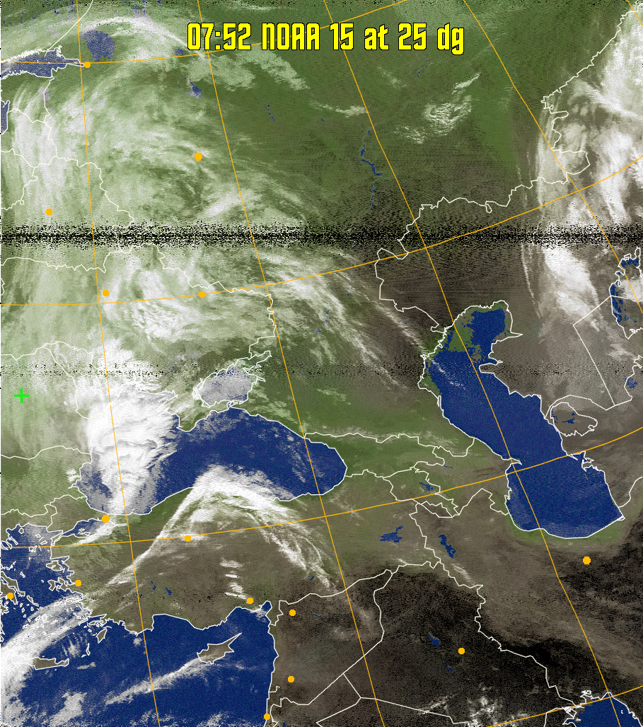 MCIR-precip: 
Colours the NOAA sensor 4 IR image using a map to colour the sea blue and land
green. High clouds appear white, lower clouds gray or land/sea coloured, clouds
generally appear lighter, but distinguishing between land/sea and low cloud may
be difficult. Darker colours indicate warmer regions.