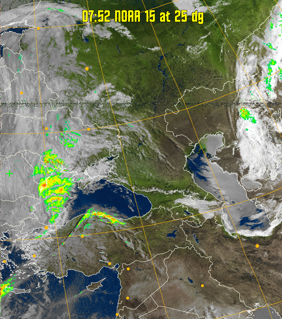 MSA-precip:
Same as MSA multispectral analysis, but high cold cloud tops are coloured the
same as the NO enhancement to give an approximate indication of the probability
and intensity of precipitation.
