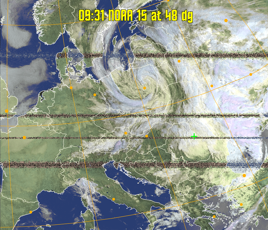 HVCT:
Similar to HVC, but with blue water and with colours more indicative of
land temperatures.
HVC:
Creates a false colour image from NOAA APT images based on temperature using
the HVC colour model. Uses the temperature derived from the sensor 4 image to
select the hue and the brightness from the histogram equalised other image to
select the value and chroma. The HVC colour model attempts to ensure that different colours at the same value will appear to the eye to be the same brightness
and the spacing between colours representing each degree will appear to the eye to
be similar. Bright areas are completely unsaturated in this model.