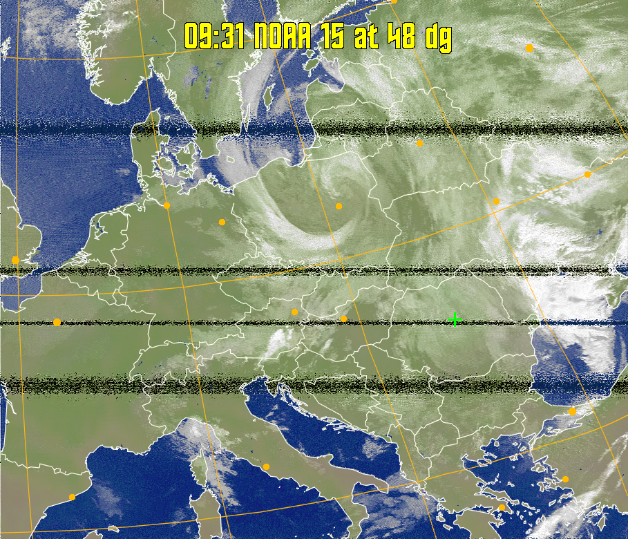 MCIR-precip: 
Colours the NOAA sensor 4 IR image using a map to colour the sea blue and land
green. High clouds appear white, lower clouds gray or land/sea coloured, clouds
generally appear lighter, but distinguishing between land/sea and low cloud may
be difficult. Darker colours indicate warmer regions.