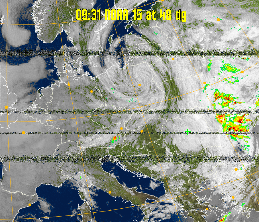 MSA-precip:
Same as MSA multispectral analysis, but high cold cloud tops are coloured the
same as the NO enhancement to give an approximate indication of the probability
and intensity of precipitation.