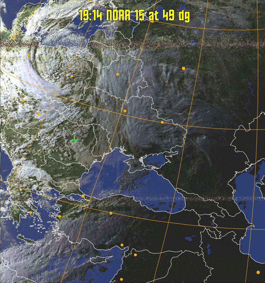 HVCT:
Similar to HVC, but with blue water and with colours more indicative of
land temperatures.
HVC:
Creates a false colour image from NOAA APT images based on temperature using
the HVC colour model. Uses the temperature derived from the sensor 4 image to
select the hue and the brightness from the histogram equalised other image to
select the value and chroma. The HVC colour model attempts to ensure that different colours at the same value will appear to the eye to be the same brightness
and the spacing between colours representing each degree will appear to the eye to
be similar. Bright areas are completely unsaturated in this model.