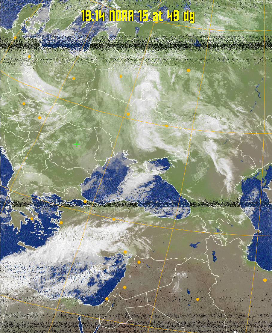 MCIR-precip: 
Colours the NOAA sensor 4 IR image using a map to colour the sea blue and land
green. High clouds appear white, lower clouds gray or land/sea coloured, clouds
generally appear lighter, but distinguishing between land/sea and low cloud may
be difficult. Darker colours indicate warmer regions.