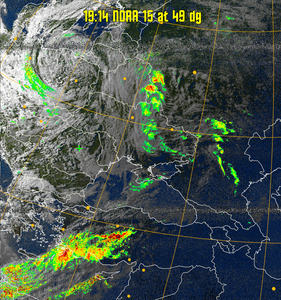 MSA-precip:
Same as MSA multispectral analysis, but high cold cloud tops are coloured the
same as the NO enhancement to give an approximate indication of the probability
and intensity of precipitation.