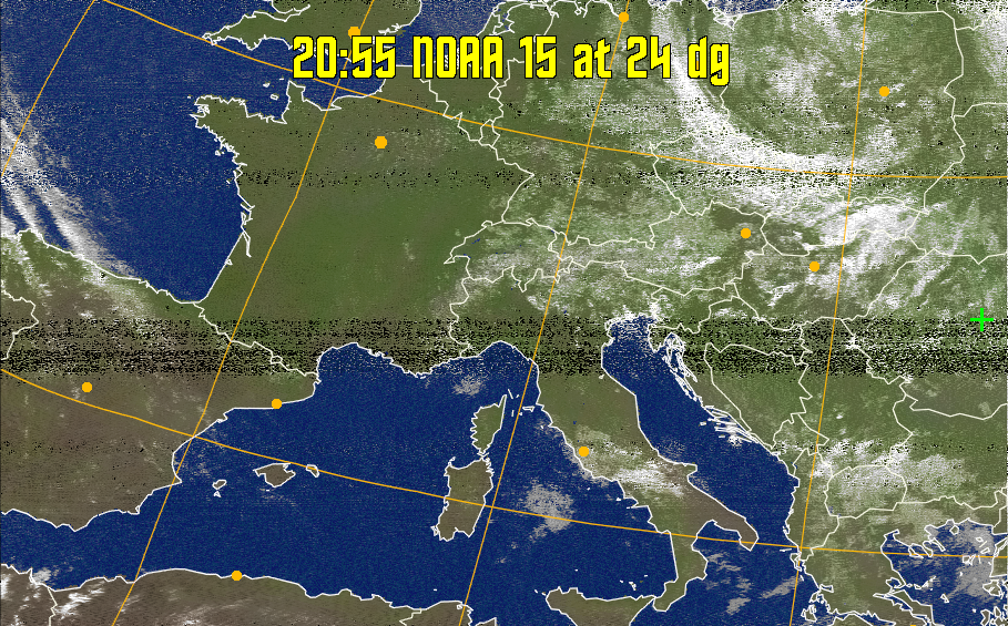 MCIR-precip: 
Colours the NOAA sensor 4 IR image using a map to colour the sea blue and land
green. High clouds appear white, lower clouds gray or land/sea coloured, clouds
generally appear lighter, but distinguishing between land/sea and low cloud may
be difficult. Darker colours indicate warmer regions.