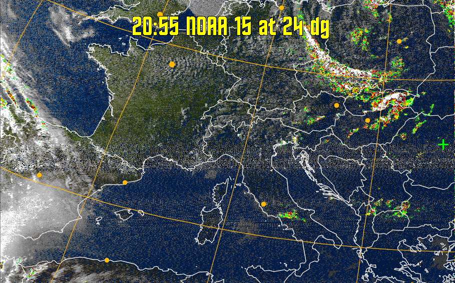 MSA-precip:
Same as MSA multispectral analysis, but high cold cloud tops are coloured the
same as the NO enhancement to give an approximate indication of the probability
and intensity of precipitation.