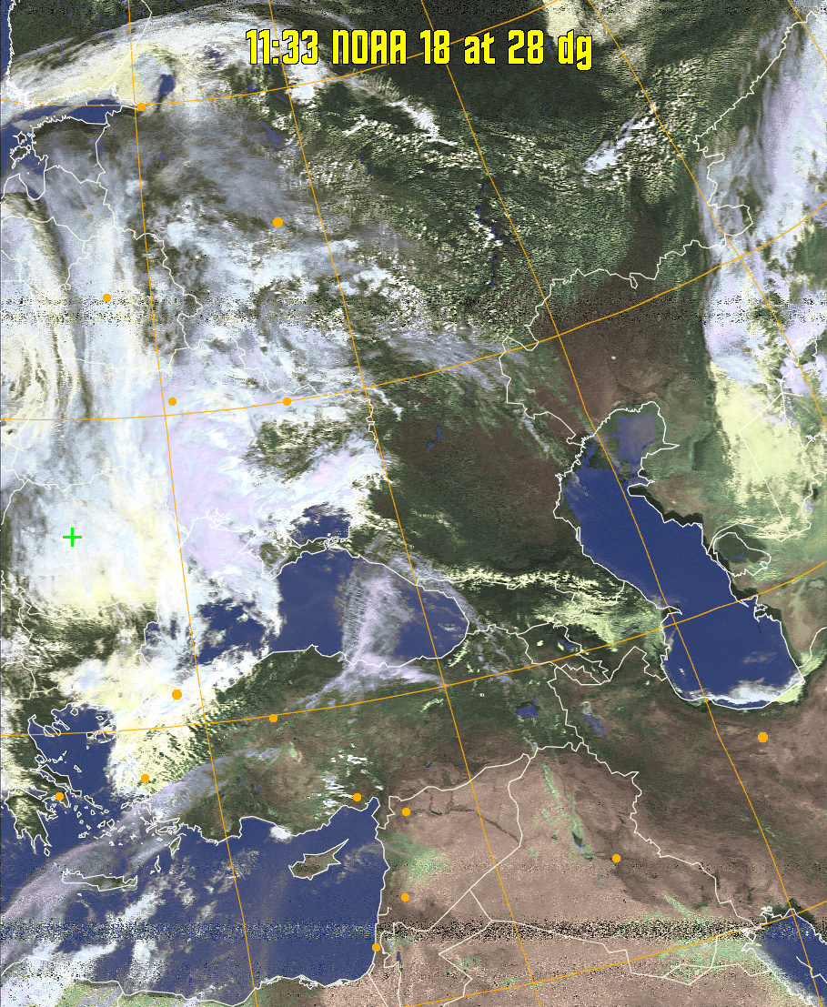 HVCT:
Similar to HVC, but with blue water and with colours more indicative of
land temperatures.
HVC:
Creates a false colour image from NOAA APT images based on temperature using
the HVC colour model. Uses the temperature derived from the sensor 4 image to
select the hue and the brightness from the histogram equalised other image to
select the value and chroma. The HVC colour model attempts to ensure that different colours at the same value will appear to the eye to be the same brightness
and the spacing between colours representing each degree will appear to the eye to
be similar. Bright areas are completely unsaturated in this model.