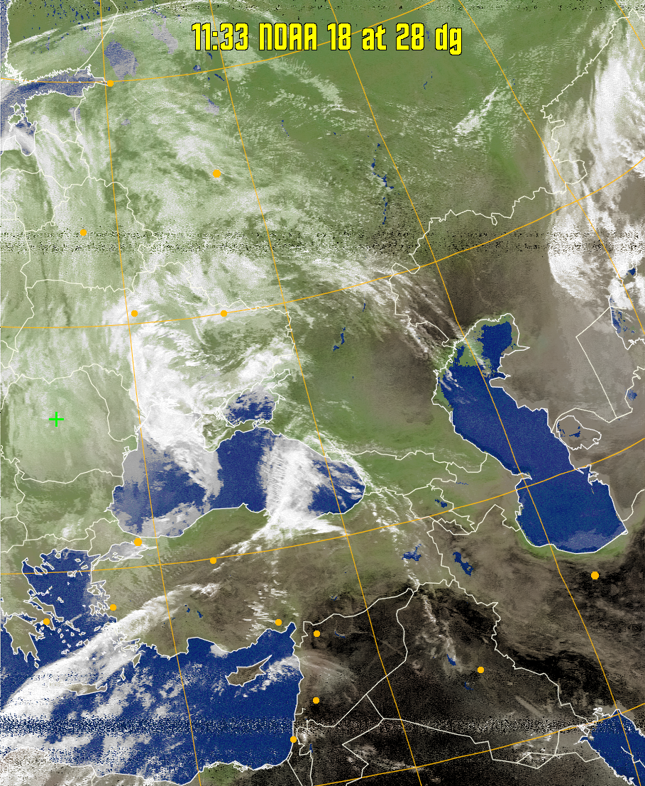 MCIR-precip: 
Colours the NOAA sensor 4 IR image using a map to colour the sea blue and land
green. High clouds appear white, lower clouds gray or land/sea coloured, clouds
generally appear lighter, but distinguishing between land/sea and low cloud may
be difficult. Darker colours indicate warmer regions.
