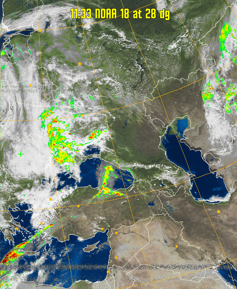 MSA-precip:
Same as MSA multispectral analysis, but high cold cloud tops are coloured the
same as the NO enhancement to give an approximate indication of the probability
and intensity of precipitation.
