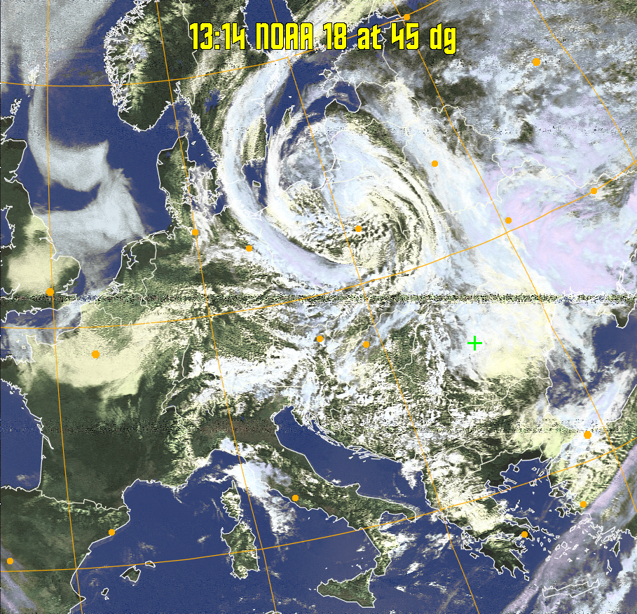HVCT:
Similar to HVC, but with blue water and with colours more indicative of
land temperatures.
HVC:
Creates a false colour image from NOAA APT images based on temperature using
the HVC colour model. Uses the temperature derived from the sensor 4 image to
select the hue and the brightness from the histogram equalised other image to
select the value and chroma. The HVC colour model attempts to ensure that different colours at the same value will appear to the eye to be the same brightness
and the spacing between colours representing each degree will appear to the eye to
be similar. Bright areas are completely unsaturated in this model.