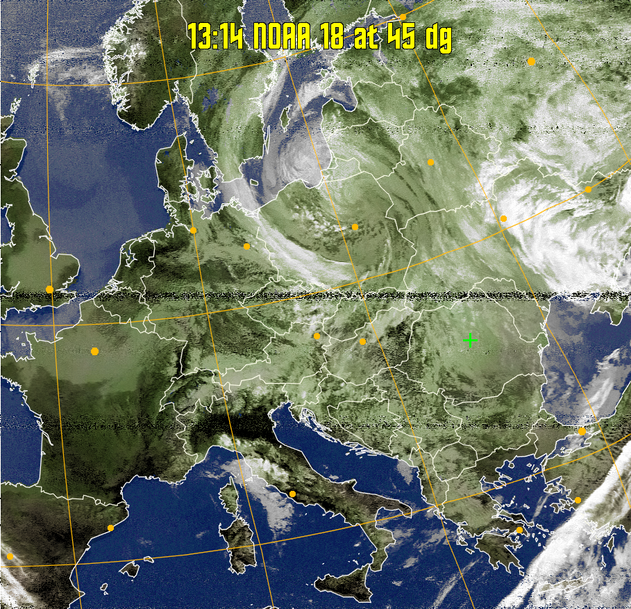 MCIR-precip: 
Colours the NOAA sensor 4 IR image using a map to colour the sea blue and land
green. High clouds appear white, lower clouds gray or land/sea coloured, clouds
generally appear lighter, but distinguishing between land/sea and low cloud may
be difficult. Darker colours indicate warmer regions.
