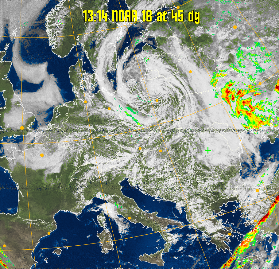 MSA-precip:
Same as MSA multispectral analysis, but high cold cloud tops are coloured the
same as the NO enhancement to give an approximate indication of the probability
and intensity of precipitation.