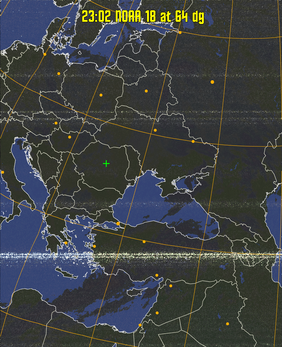 HVCT:
Similar to HVC, but with blue water and with colours more indicative of
land temperatures.
HVC:
Creates a false colour image from NOAA APT images based on temperature using
the HVC colour model. Uses the temperature derived from the sensor 4 image to
select the hue and the brightness from the histogram equalised other image to
select the value and chroma. The HVC colour model attempts to ensure that different colours at the same value will appear to the eye to be the same brightness
and the spacing between colours representing each degree will appear to the eye to
be similar. Bright areas are completely unsaturated in this model.