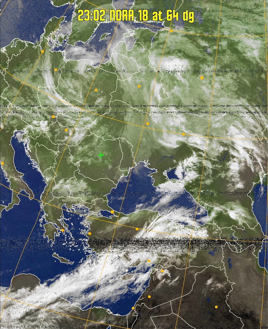 MCIR-precip: 
Colours the NOAA sensor 4 IR image using a map to colour the sea blue and land
green. High clouds appear white, lower clouds gray or land/sea coloured, clouds
generally appear lighter, but distinguishing between land/sea and low cloud may
be difficult. Darker colours indicate warmer regions.