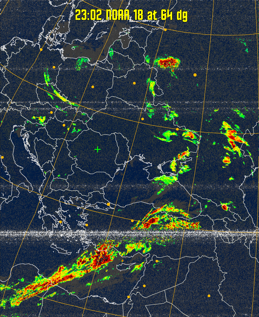 MSA-precip:
Same as MSA multispectral analysis, but high cold cloud tops are coloured the
same as the NO enhancement to give an approximate indication of the probability
and intensity of precipitation.