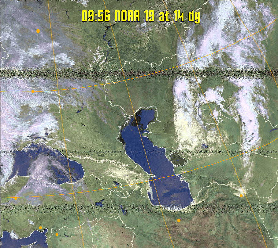 HVCT:
Similar to HVC, but with blue water and with colours more indicative of
land temperatures.
HVC:
Creates a false colour image from NOAA APT images based on temperature using
the HVC colour model. Uses the temperature derived from the sensor 4 image to
select the hue and the brightness from the histogram equalised other image to
select the value and chroma. The HVC colour model attempts to ensure that different colours at the same value will appear to the eye to be the same brightness
and the spacing between colours representing each degree will appear to the eye to
be similar. Bright areas are completely unsaturated in this model.