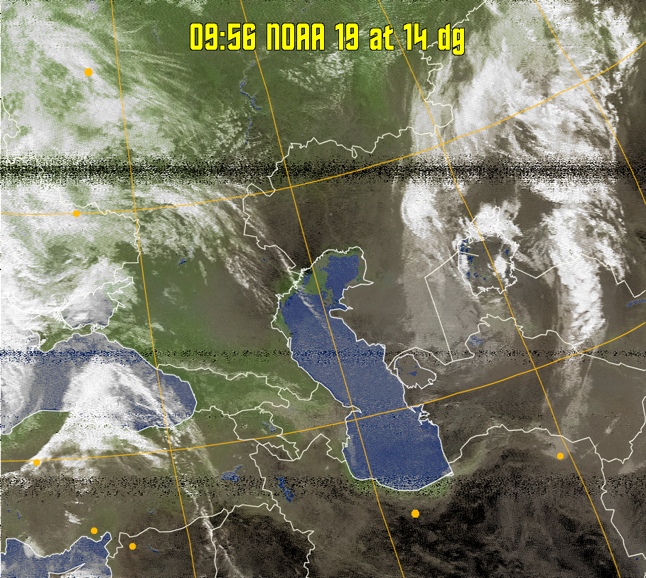 MCIR-precip: 
Colours the NOAA sensor 4 IR image using a map to colour the sea blue and land
green. High clouds appear white, lower clouds gray or land/sea coloured, clouds
generally appear lighter, but distinguishing between land/sea and low cloud may
be difficult. Darker colours indicate warmer regions.