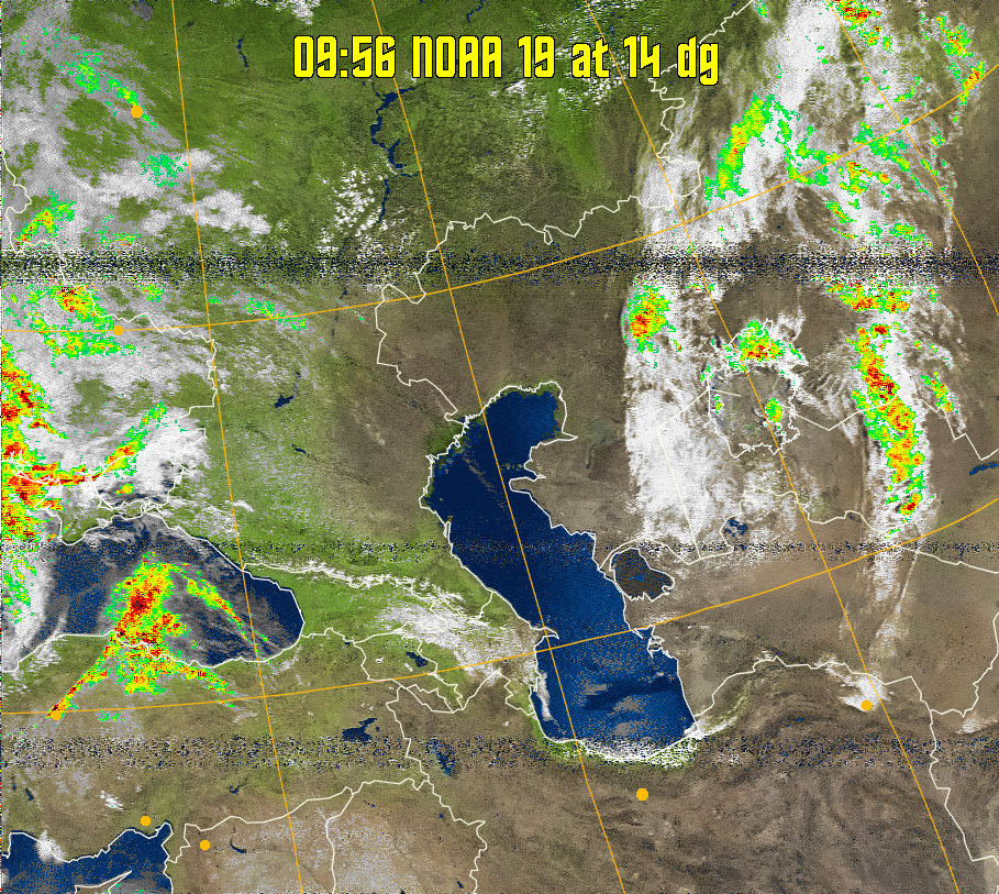 MSA-precip:
Same as MSA multispectral analysis, but high cold cloud tops are coloured the
same as the NO enhancement to give an approximate indication of the probability
and intensity of precipitation.